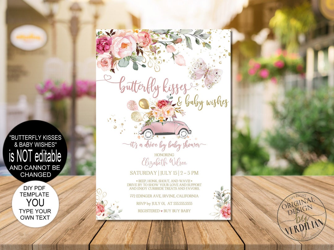 Butterfly Drive by Baby Shower Invitation Template, Blush Pink Floral