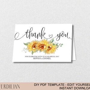 Sunflower Thank You Card Printeble Template -printable Folded Thank You ...