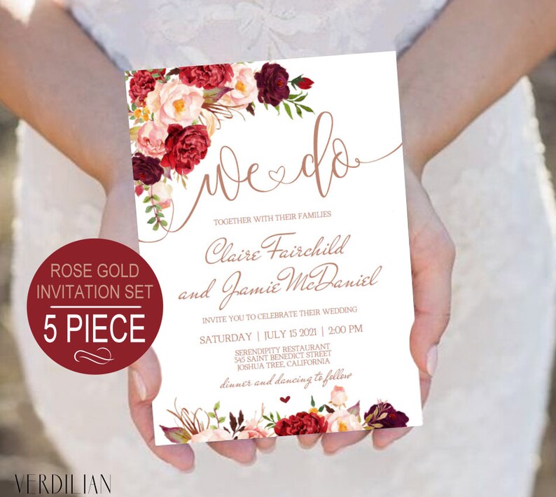 DIY Rose Gold We Do Wedding Invitation Template. Burgundy