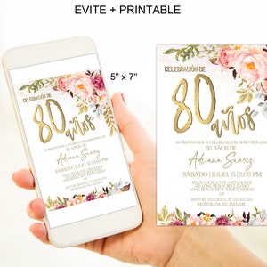 Spanish 80th Birthday Invitation for Women, 80 Cumpleanos Pink Floral Gold 80th Birthday Invitation Digital Corjl Instant Download|VRD580SSV