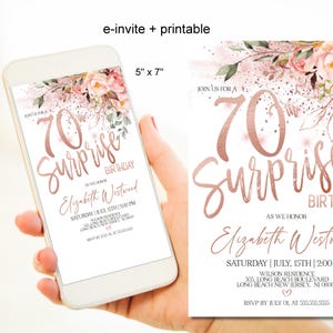 Surprise 70th Birthday Invitations for Women, Rose Gold Surprise 70th Birthday Dinner Party Invitations Corjl Instant Download|VRD570BSS z3