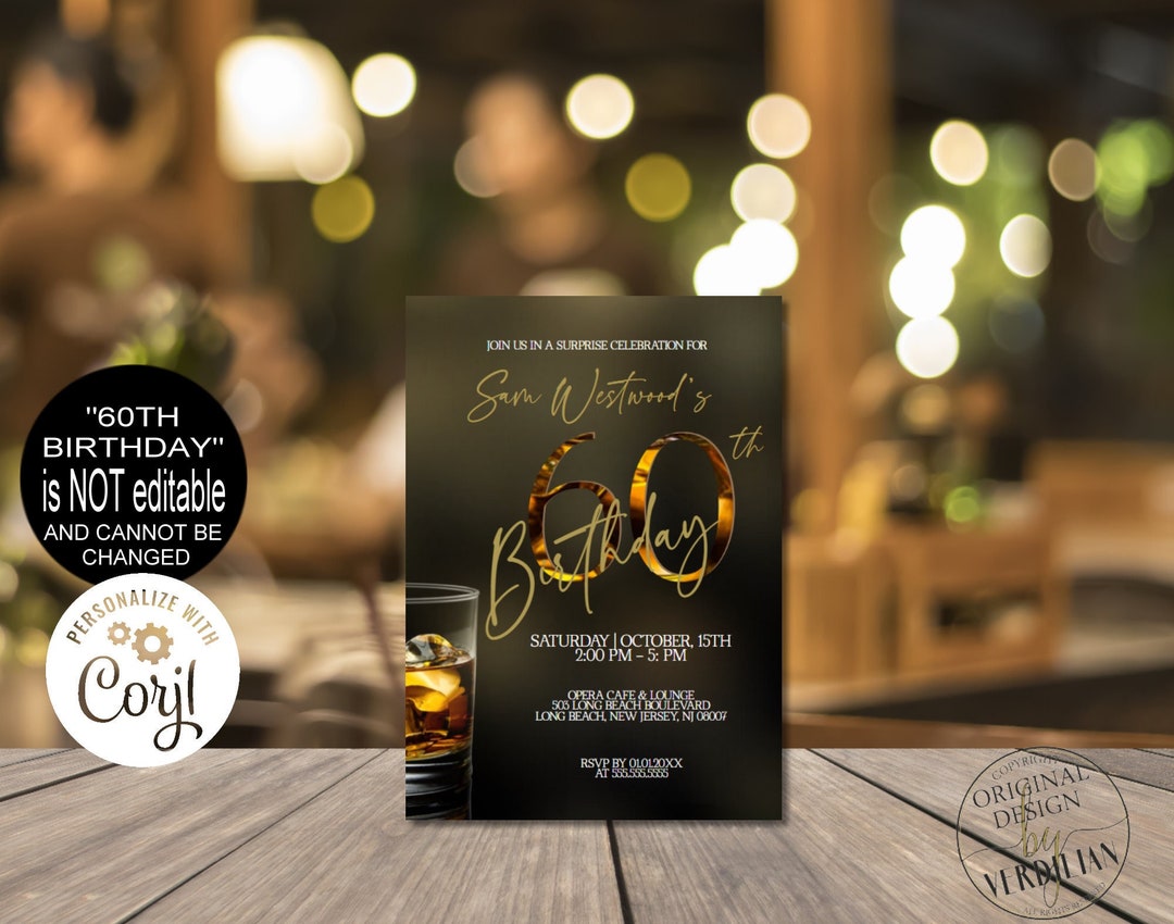 Surprise 60th Birthday Invitations for Men, Whiskey Vintage 60th