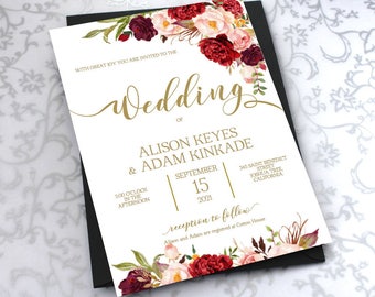 Watercolor Floral Burgundy Gold Wedding Invitation Template -Peonies Invite-DIY Printable Invitations-PDF-Download Instantly| VRD137WDD