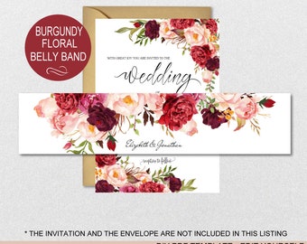 Burgundy Floral Wedding Invitation Belly Band Template- Wedding Watercolor Printable Belly Band-DIY Editable PDF-DOWNLOAD Instantly|VRD137WD