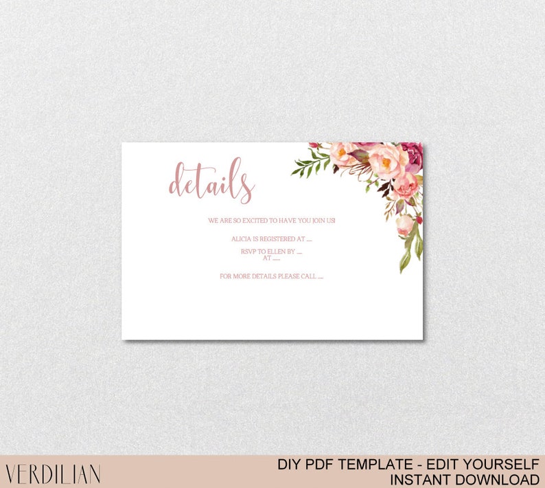 Blush Floral Details Card Editable Template 3 Versions Etsy