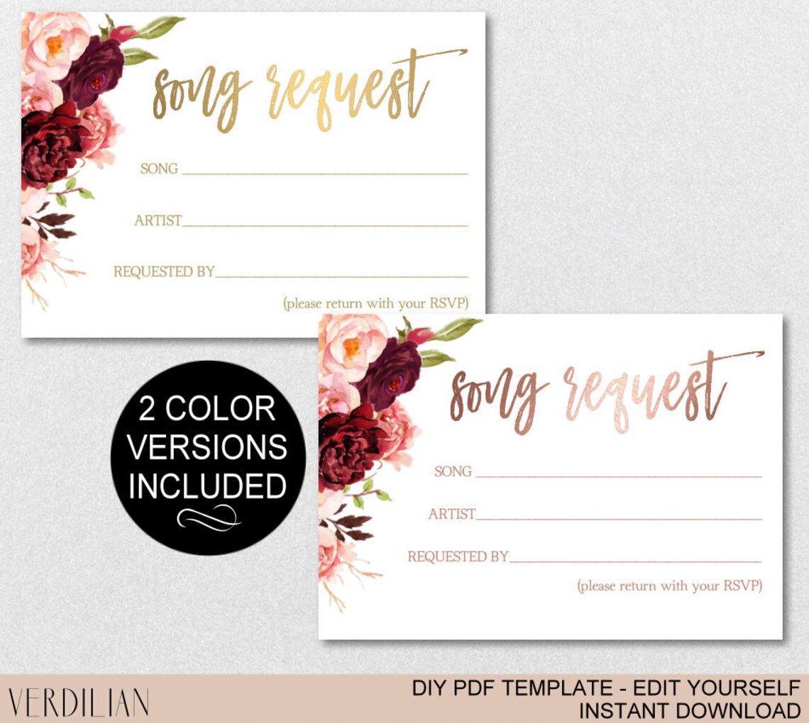Song Request Card Printable Template Marsala Rose Gold | Etsy