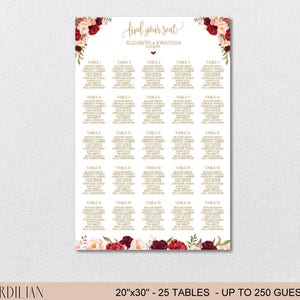 Seating Chart Template, Wedding Floral Burgundy Peonies Seating Chart Printable DIY Editable PDF-DOWNLOAD Instantly VRD137NWG image 4