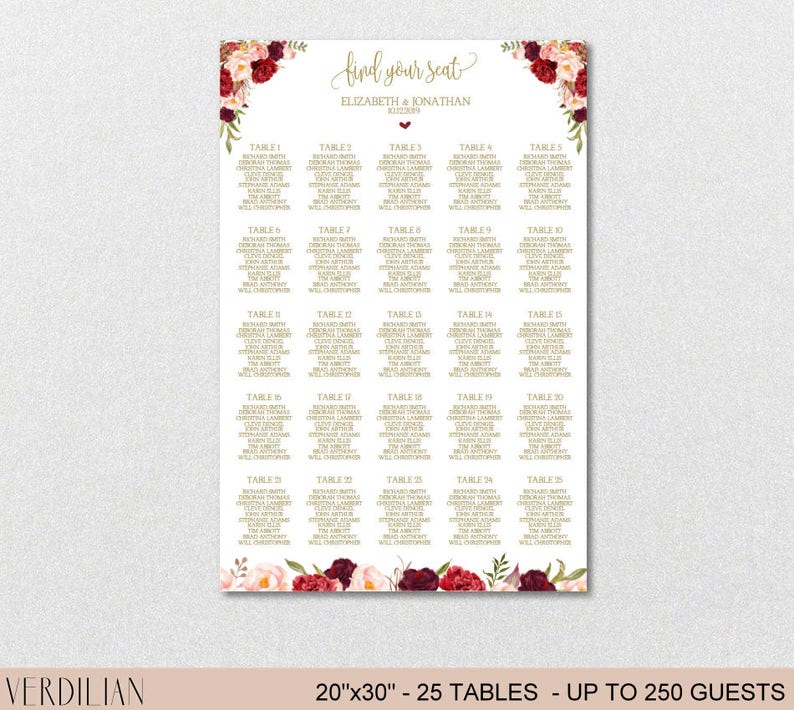 Seating Chart Template, Wedding Floral Burgundy Peonies Seating Chart Printable DIY Editable PDF-DOWNLOAD Instantly VRD137NWG Bild 4