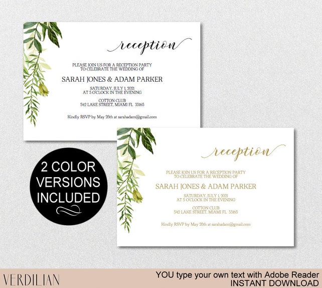 wedding reception card greenery watercolor diy printable wedding wedding card pdf