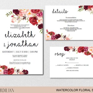Printable Wedding Invitation Template. Burgundy Floral Watercolor ...