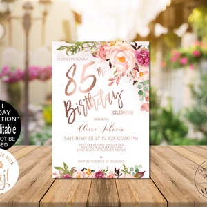 85th Birthday Invitation for Women, Digital Blush Pink Rose Gold Floral Birthday Party Invitation, Corjl Instant Download, EviteVRD585GSR image 3