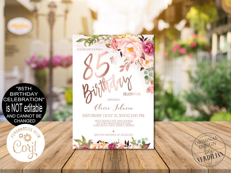 85th Birthday Invitation for Women, Digital Blush Pink Rose Gold Floral Birthday Party Invitation, Corjl Instant Download, EviteVRD585GSR image 3