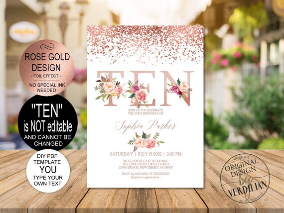 DIY Rose Gold 10th Birthday Invitation Blush Floral Ten Birthday Party Invite PDF Template Instant Downloadvrd210trst Etsy