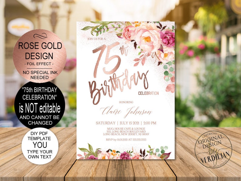 DIY 75th Birthday Invitation Template Blush Rose Gold Floral | Etsy