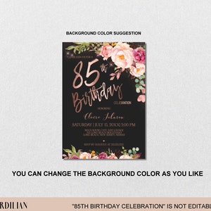 85th Birthday Invitation for Women, Digital Blush Pink Rose Gold Floral Birthday Party Invitation, Corjl Instant Download, EviteVRD585GSR image 5