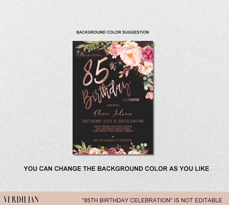 85th Birthday Invitation for Women, Digital Blush Pink Rose Gold Floral Birthday Party Invitation, Corjl Instant Download, EviteVRD585GSR image 5