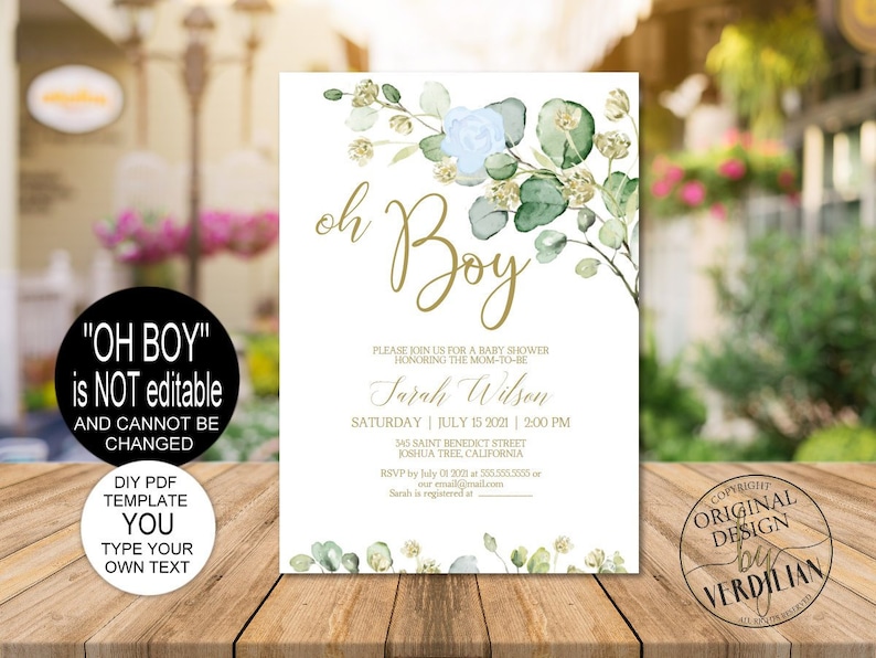 DIY Gold Greenery Baby Shower Invitation Template Oh Boy Blue Etsy