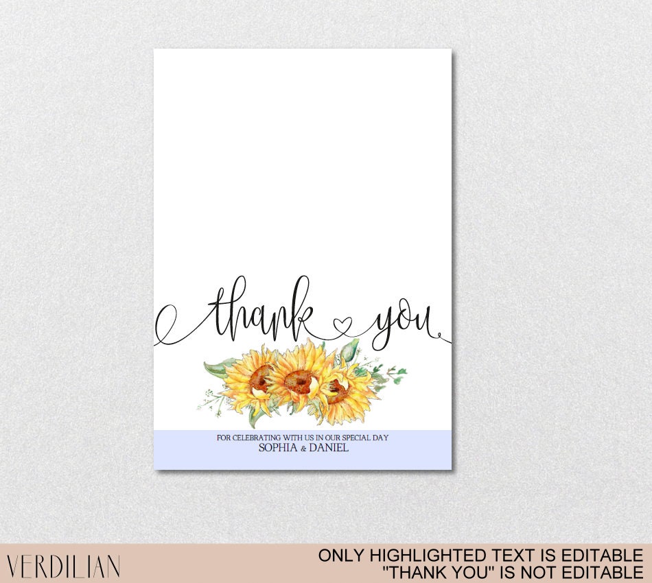 Sunflower Thank You Card Printeble Template printable Folded | Etsy