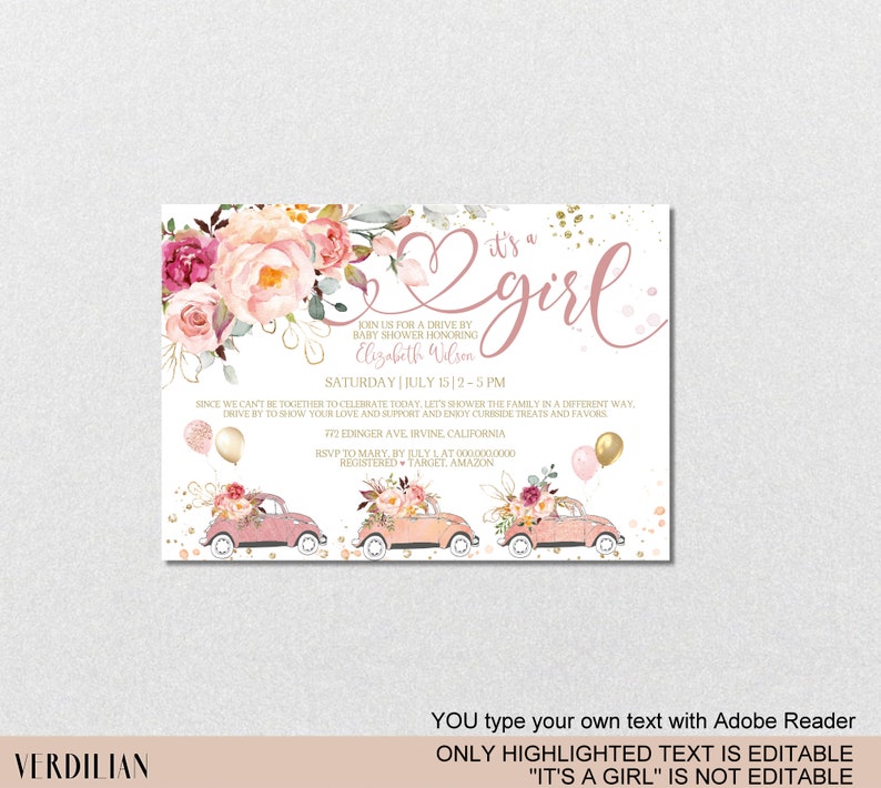 Drive by Baby Shower Invitation Template Blush Pink Floral Etsy
