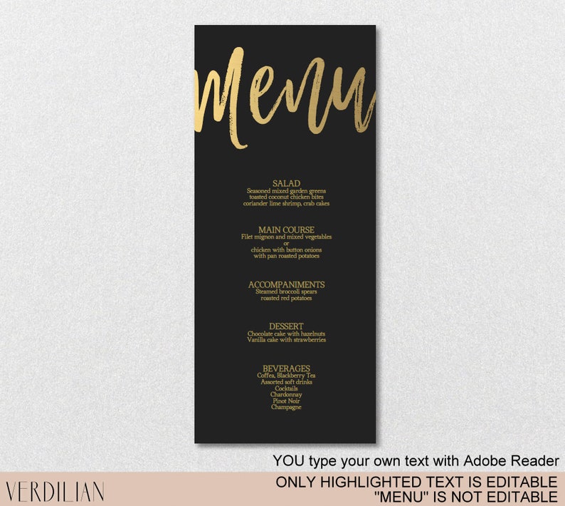 Black Gold Wedding Menu Template Printable Wedding Menus or Etsy