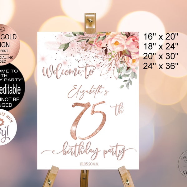 75th Birthday Party Welcome Sign, Welcome Birthday Sign, Rose Gold Birthday Welcome Sign, Welcome Sign Birthday Corjl Template|VRD575YHZ z3