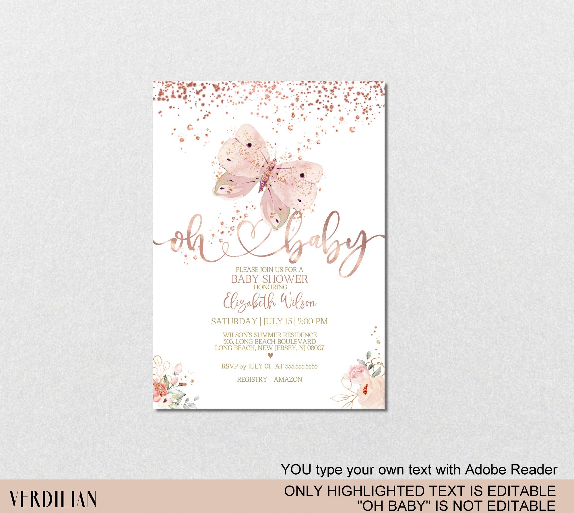 Rose Gold Butterfly Baby Shower Invitation TemplatePink Etsy