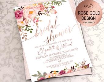 Rose Gold Bridal Shower Invitation, Bridal Shower Invite Wedding Shower Invitations Wedding Printable Corjl Evite Instant Download|VRD164BBR