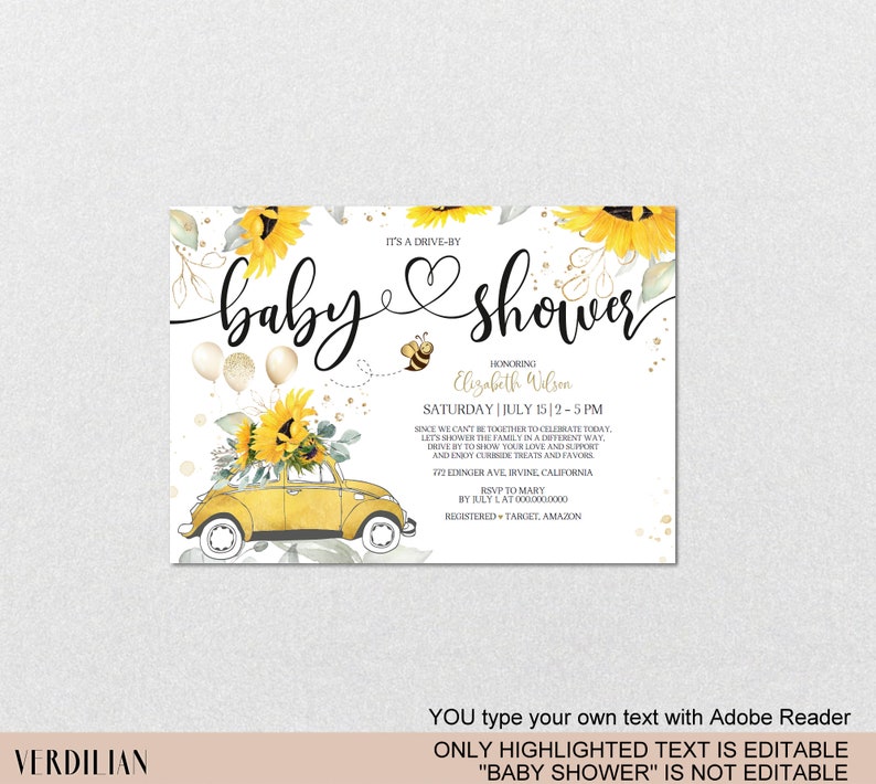 Drive by Baby Shower Invitation Template Balloon Sunflower Etsy