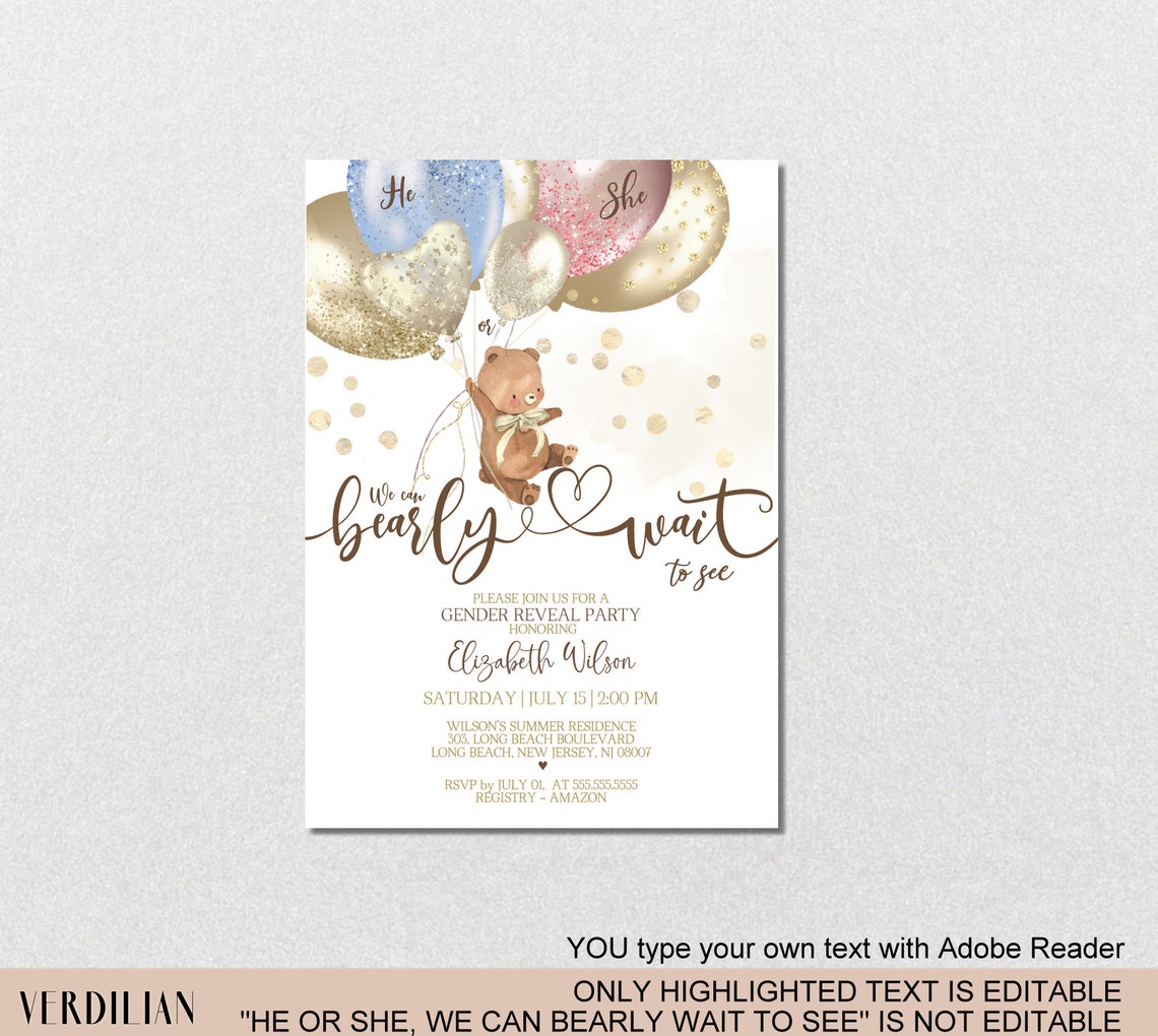 Teddy Bear Gender Reveal Invitation Template Boy or Girl Pink Etsy