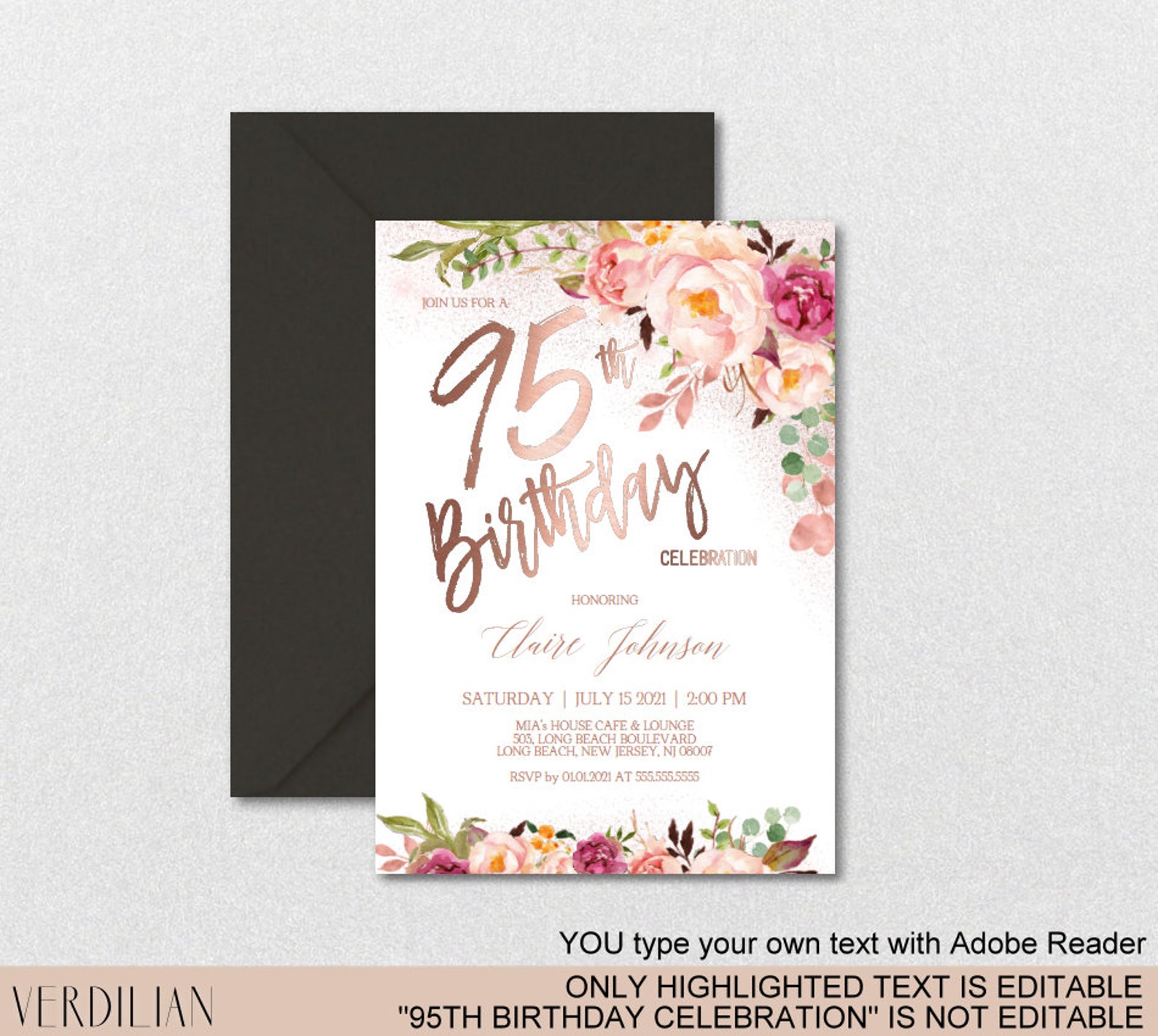 DIY 95th Birthday Invitation Template Blush Rose Gold Floral Etsy