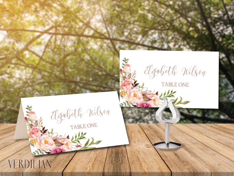 Blush Floral Reception Flat /& Folded DIY PDF Template Instant Download VRD156LJR Rose Gold Place Card Wedding Printable and Escort Cards