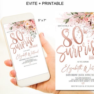 Surprise 80th Birthday Invitations for Women, Rose Gold Floral Surprise 80th Birthday Party Invitations Corjl Instant Download|VRD580BSS z3