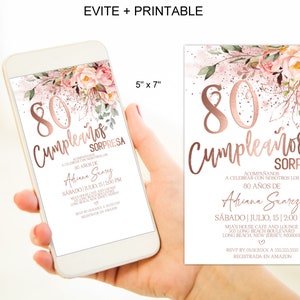 Spanish 80th Birthday Invitation for Women, 80 Cumpleanos Pink Rose Gold 80th Birthday Invitation Digital Corjl Instant Download |VRD580STR