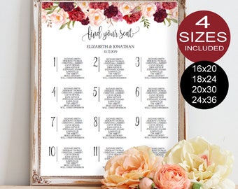 Wedding Seating Chart Template, Floral Burgundy Peonies Wedding Seating Chart Printable - DIY Editable PDF-DOWNLOAD Instantly | VRD137NWY