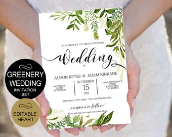 Rustic Wedding Invitation Template 5 PIECE - Greenery Wedding Invitation Set Templates - DIY PDF- Download Instantly | VRD150WDK