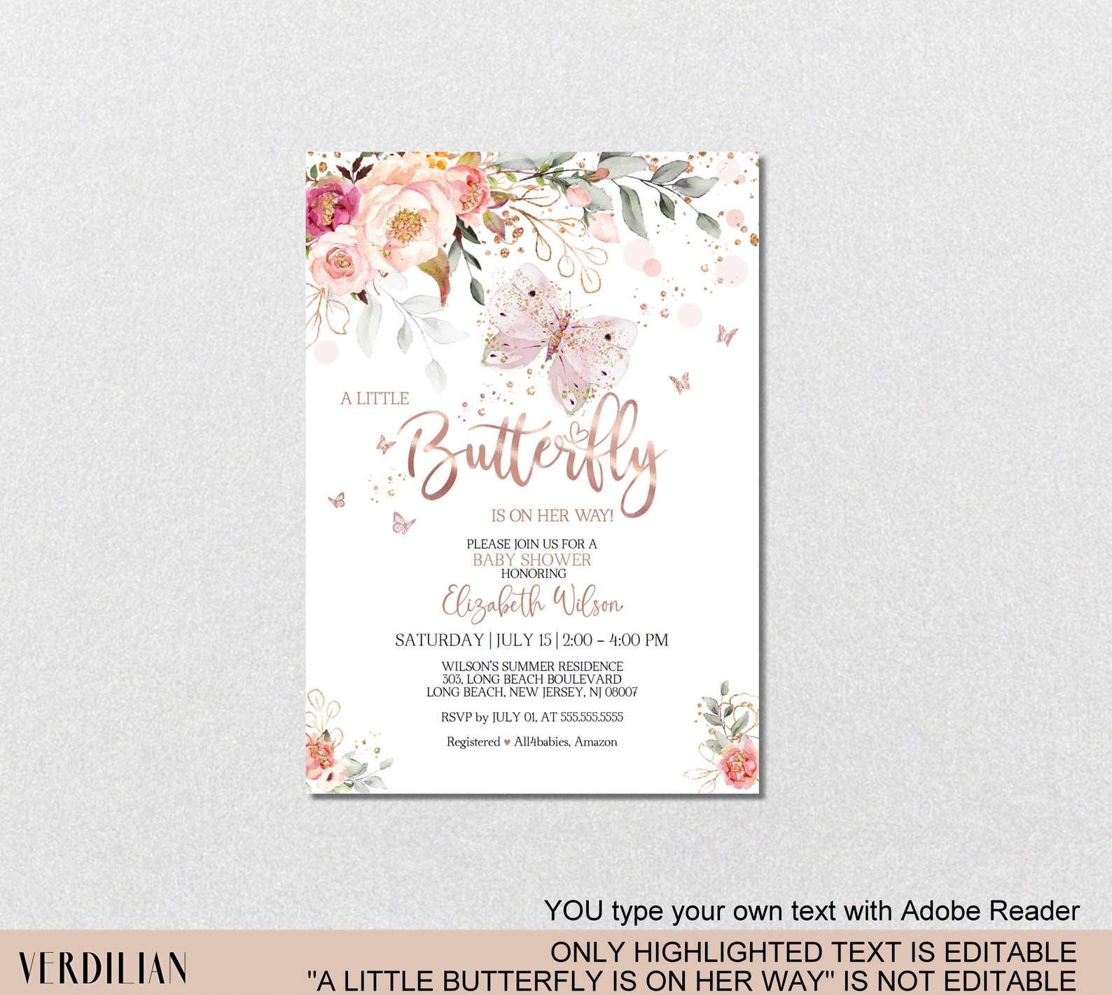 Pink Rose Gold Butterfly Baby Shower Invitation Template Etsy