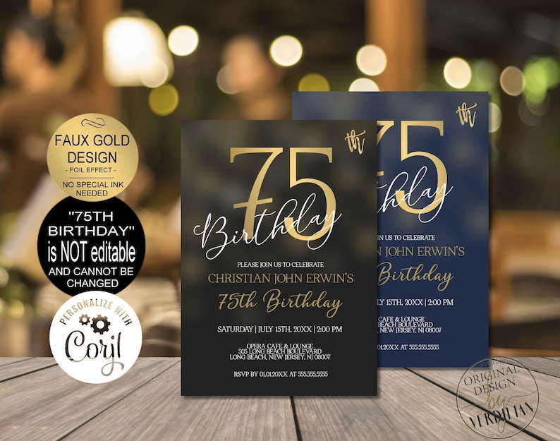 75th Birthday Invitations for Men 75th Birthday Party Invitation, Vintage 75th birthday invitation digital Corjl Instant Download VRD275BKG image 1