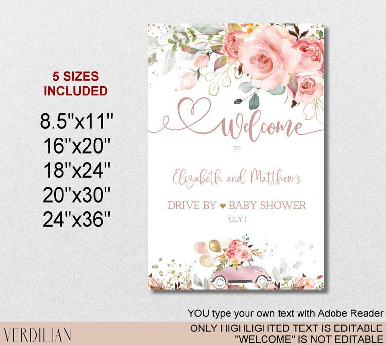 Any Event Blush Gold Floral Drive by Baby Shower Welcome Sign Template Reception Greet Guests Printable Poster Board DIY Template VR164WSB