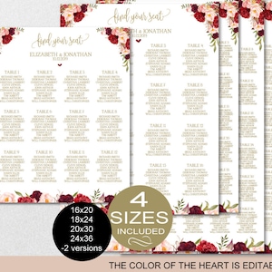Seating Chart Template, Wedding Floral Burgundy Peonies Seating Chart Printable DIY Editable PDF-DOWNLOAD Instantly VRD137NWG image 1