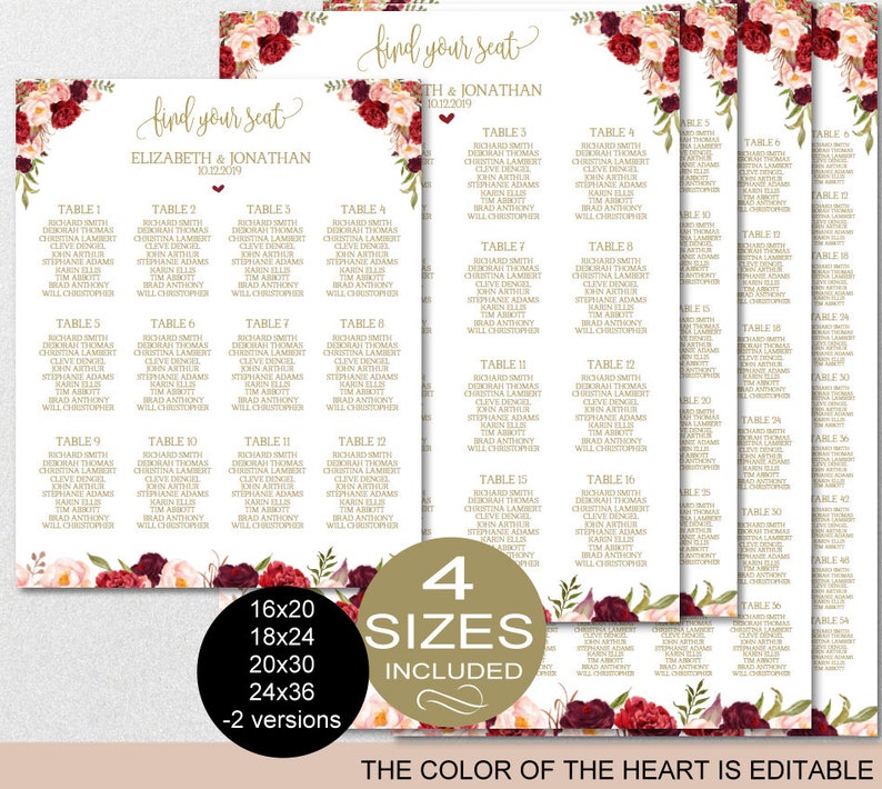 Seating Chart Template, Wedding Floral Burgundy Peonies Seating Chart Printable DIY Editable PDF-DOWNLOAD Instantly VRD137NWG image 1