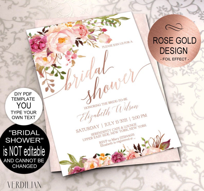 Rose Gold Bridal Shower Invitation, Bridal Shower Invite, Wedding Shower Invitations, Wedding Printable, DIY PDF Instant Download|VRD164BBR 