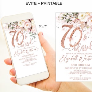 Faire-part 70e anniversaire et 70e anniversaire béni pour femme, invitation à une fête d'anniversaire 70e anniversaire rose pâle, or rose, téléchargement immédiat Evite Corjl | VRD570SFN z3