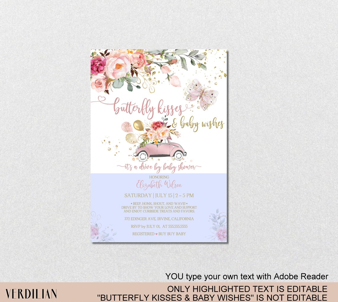 Butterfly Drive by Baby Shower Invitation Template Blush Pink Etsy