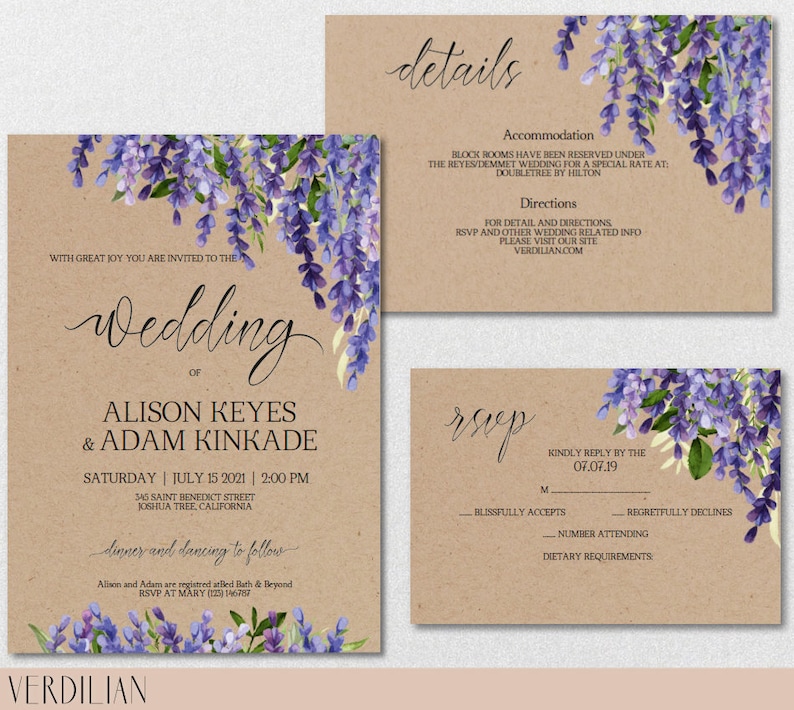 Lavender Wedding Invitation Template Setpurple Flowers Etsy