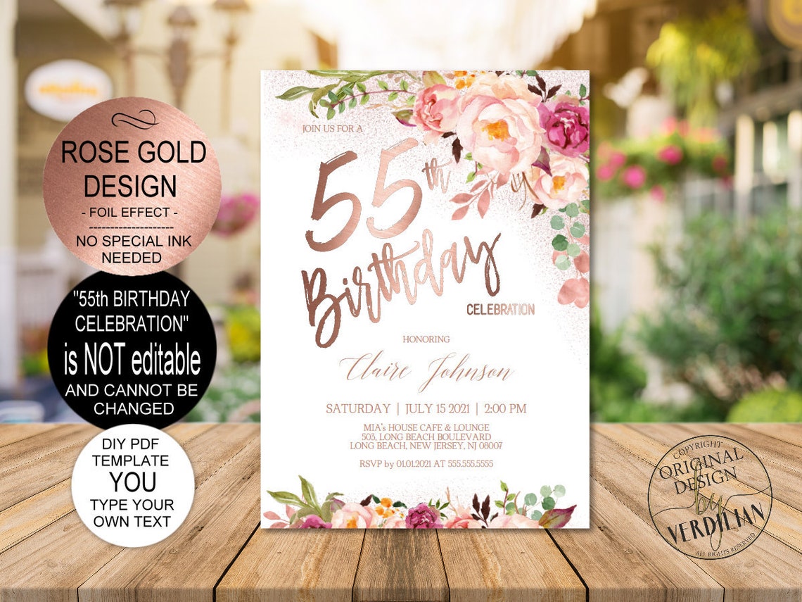 DIY 55th Birthday Invitation Template Blush Rose Gold Floral - Etsy