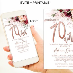 Spanish 70th Birthday Invitation for Women 70 Cumpleanos Burgundy Rose Gold Autumn Fall Evite Digital Corjl Instant Download|VRD570SSR
