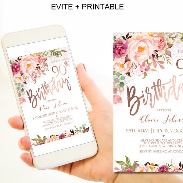 90th Birthday Invitation for Women Digital Blush Floral Rose Gold Birthday Party Invitation for Women Corjl Instant Download,Evite|VRD590HDV