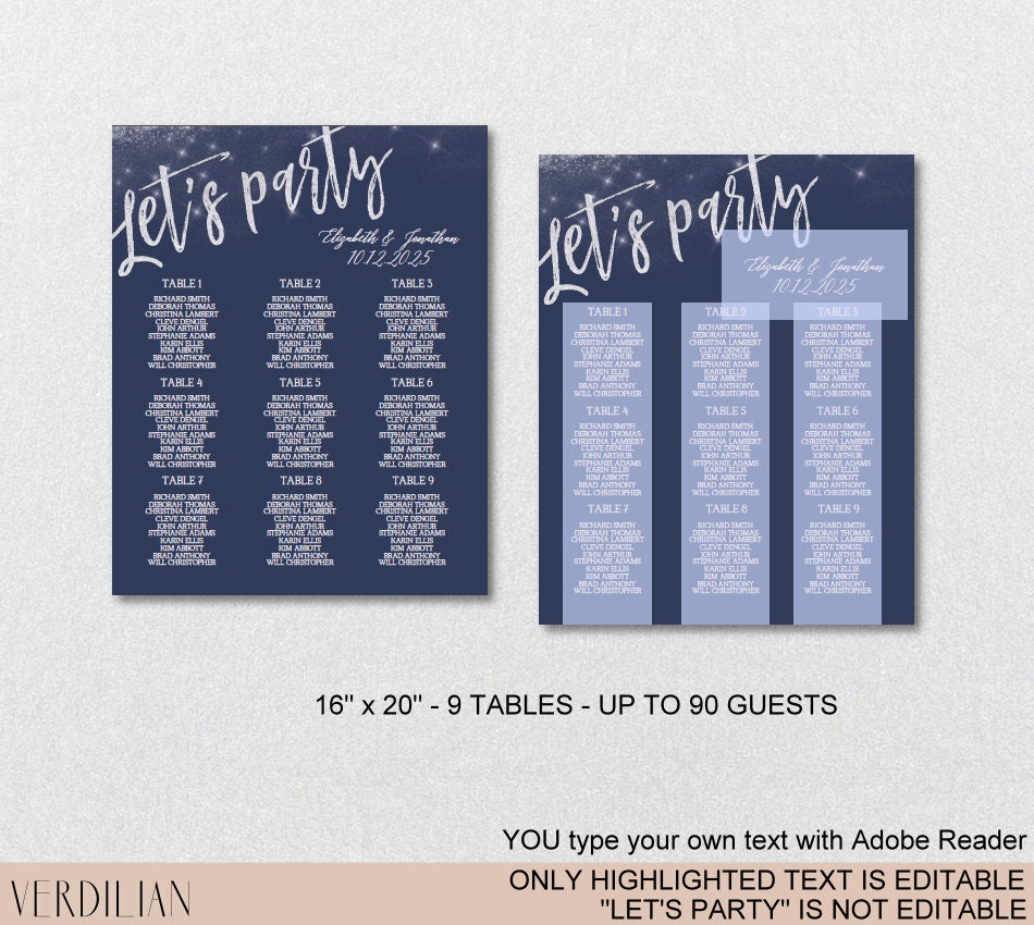 DIY Wedding Seating Chart Printable Template7 Versions Navy | Etsy