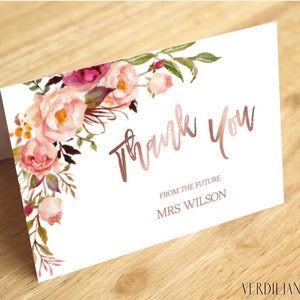 Thank You Card Template, Navy Blush Rose Gold Printable Flat and Folded Thank You Card Birthday Bridal Shower Insert Card Corjl|VRD164THR 99