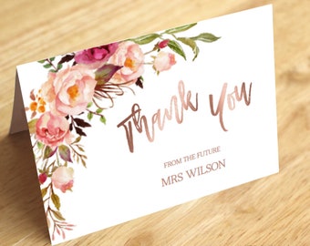 Thank You Card Template, Navy Blush Rose Gold Printable Flat and Folded Thank You Card Birthday Bridal Shower Insert Card Corjl|VRD164THR 99